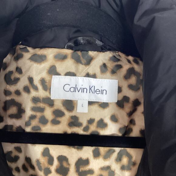 Calvin Klein Black Down Puffer Coat Hooded Large Black Leopard Print Lining Warm - Picture 3 of 13